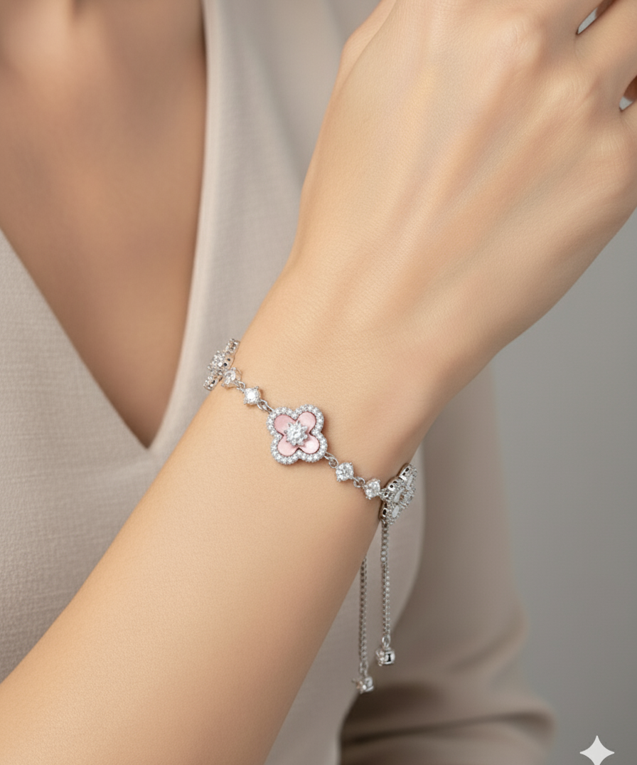 Clover Charm Bracelet - Pink silver